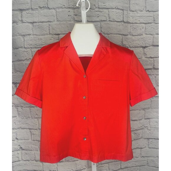 Theory Button Up Short Sleeve Camp Blouse Size MED Red Color - Picture 2 of 8